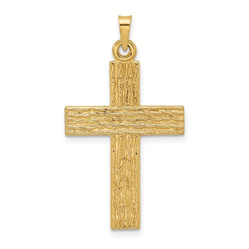 14k-polished-wood-texture-solid-cross-pendant-SolomonJeweler-Wichita-KS-CustomJewelry