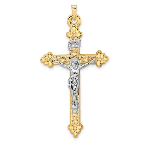 14k-two-tone-polished-hollow-inri-budded-crucifix-pendant-SolomonJeweler-Wichita-KS-CustomJewelry