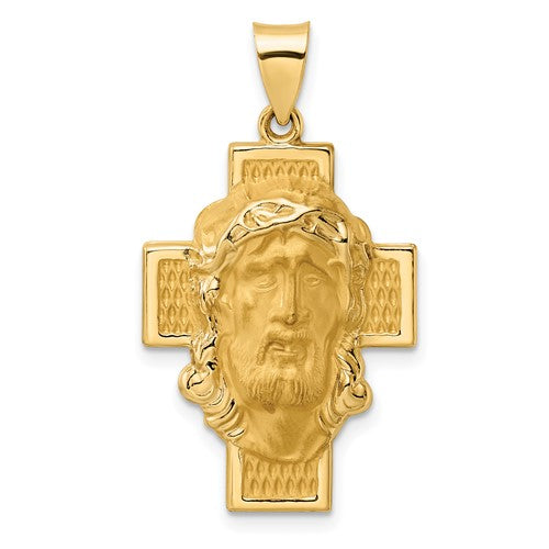 14k-polished-and-satin-hollow-jesus-face-cross-pendant-SolomonJeweler-Wichita-KS-CustomJewelry