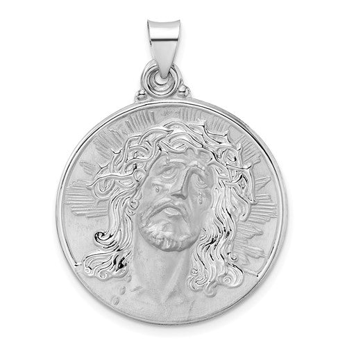 14k-white-gold-polished-and-satin-hollow-jesus-face-disc-pendant-SolomonJeweler-Wichita-KS-CustomJewelry