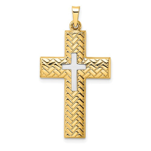 14k-two-tone-polished-hollow-woven-double-cross-pendant-SolomonJeweler-Wichita-KS-CustomJewelry