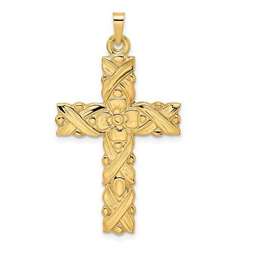 14k-polished-and-textured-floral-solid-cross-pendant-SolomonJeweler-Wichita-KS-CustomJewelry