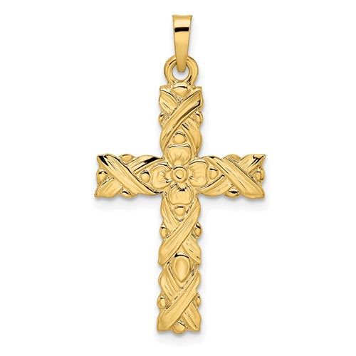 14k-polished-and-textured-solid-floral-cross-pendant-SolomonJeweler-Wichita-KS-CustomJewelry