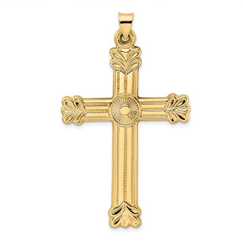 14k-polished-and-textured-circle-center-cross-pendant-SolomonJeweler-Wichita-KS-CustomJewelry