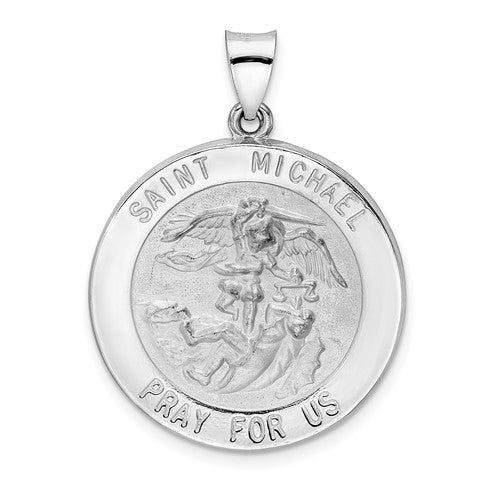 14k-white-gold-polished-and-satin-hollow-st-michael-medal-pendant-SolomonJeweler-Wichita-KS-CustomJewelry