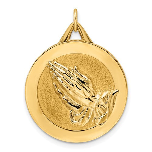 14k-polished-and-satin-solid-praying-hands-disc-pendant-SolomonJeweler-Wichita-KS-CustomJewelry