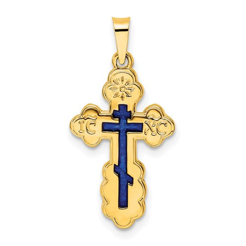 14k-polished-eastern-orthodox-blue-enamel-solid-cross-pendant-SolomonJeweler-Wichita-KS-CustomJewelry