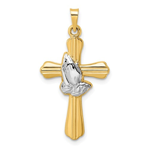 14k-w-rhodium-polished-hollow-praying-hands-cross-pendant-SolomonJeweler-Wichita-KS-CustomJewelry