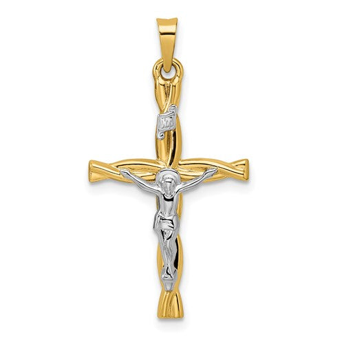 14k-two-tone-polished-hollow-inri-crucifix-twisted-cross-pendant-SolomonJeweler-Wichita-KS-CustomJewelry