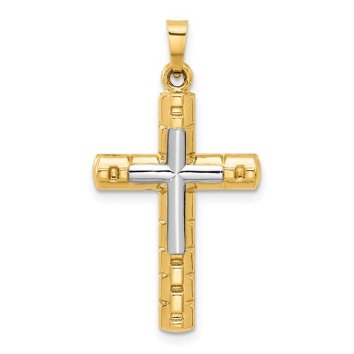 14k-two-tone-textured-and-polished-hollow-latin-cross-pendant-SolomonJeweler-Wichita-KS-CustomJewelry