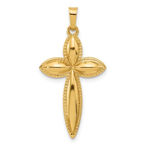 14k-polished-and-beaded-hollow-edge-passion-cross-pendant-SolomonJeweler-Wichita-KS-CustomJewelry