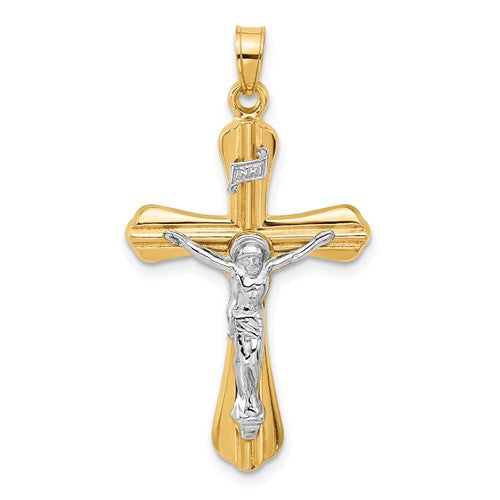 14k-two-tone-grooved-hollow-inri-crucifix-pendent-SolomonJeweler-Wichita-KS-CustomJewelry