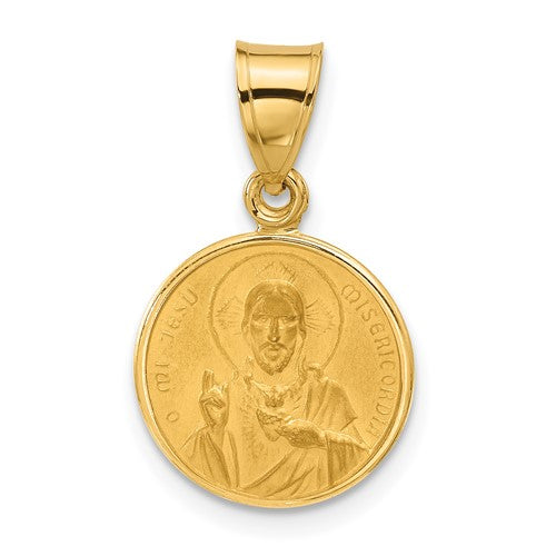 14k gold Sacred Heart of Jesus pendant with polished and satin finish, featuring detailed religious design from Solomon Jewelers.
