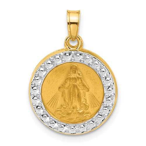 14K gold and white rhodium hollow Miraculous Mary pendant charm with plain back, crafted by Solomon Jewelers.