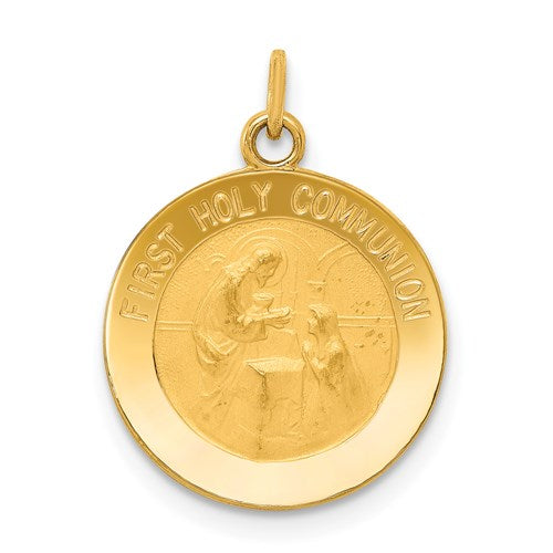 14k gold First Holy Communion charm pendant with religious cross design, crafted by Solomon Jewelers.