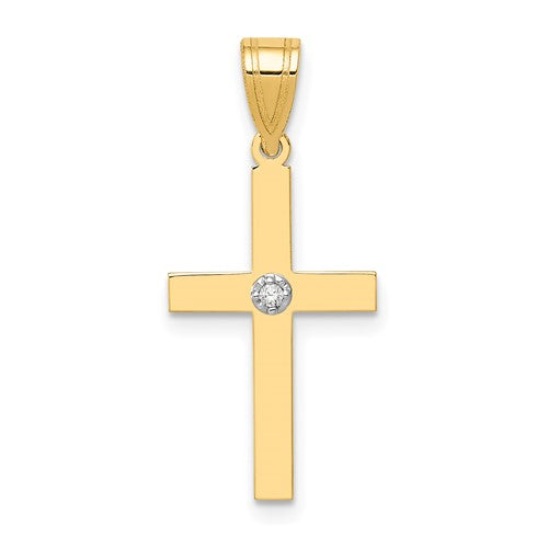 14k polished gold diamond cross pendant with .01ct. diamonds, featuring a sleek and elegant design from Solomon Jewelers.