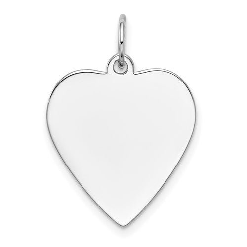 14k white gold plain heart charm with .013 gauge, perfect for engraving, from Solomon Jewelers, shown in a close-up image.