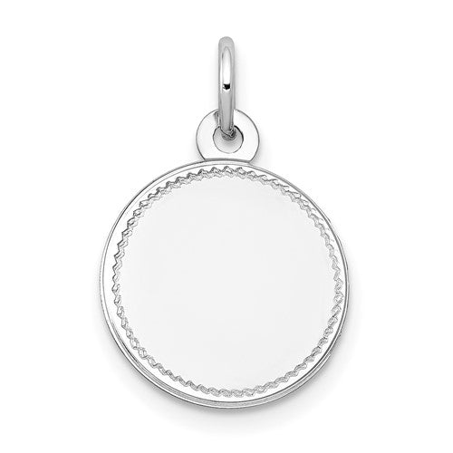 14k white gold plain round engravable disc charm, 0.013 gauge, jewelry pendant from Solomon Jewelers, close-up view.