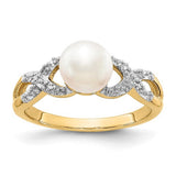 14k gold diamond and cultured pearl ring featuring a sparkling diamond accent and elegant pearl centerpiece.
