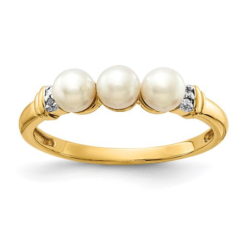 14k gold diamond and freshwater cultured pearl ring with three pearls, elegant jewelry piece by Solomon Jewelers.