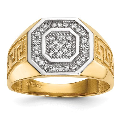Rhodium men's micro pave CZ octagon and Greek key ring with intricate design, jewelry ring by Solomon Jewelers.