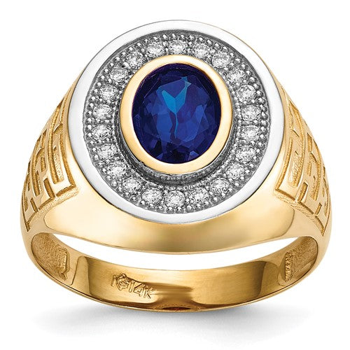 14k white gold men's ring with cubic zirconia and oval blue CZ accents, crafted by Solomon Jewelers.