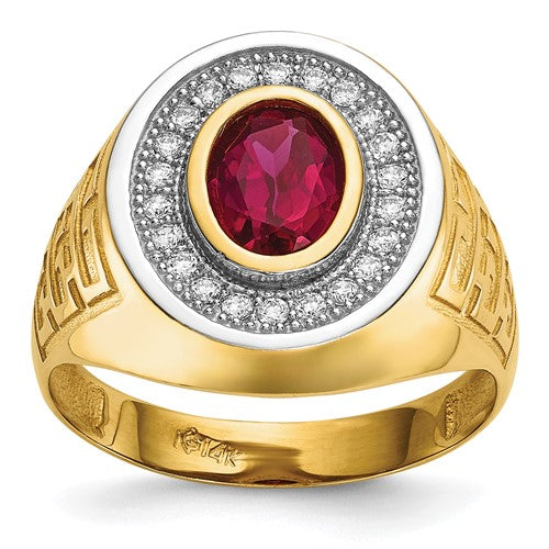 14k gold men's ring with rhodium plating, cubic zirconia accents, and oval red CZ stone, showcasing elegant jewelry design.