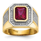 14k gold men's ring with rhodium plating, emerald-cut red cubic zirconia and clear CZ accents from Solomon Jewelers.