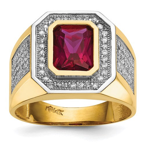 14k gold men's ring with rhodium plating, emerald-cut red cubic zirconia and clear CZ accents from Solomon Jewelers.