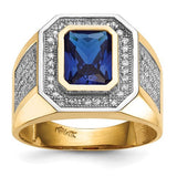 14k gold men's ring with rhodium-plated cubic zirconia and emerald-cut blue CZ, featuring a sleek jewelry design.