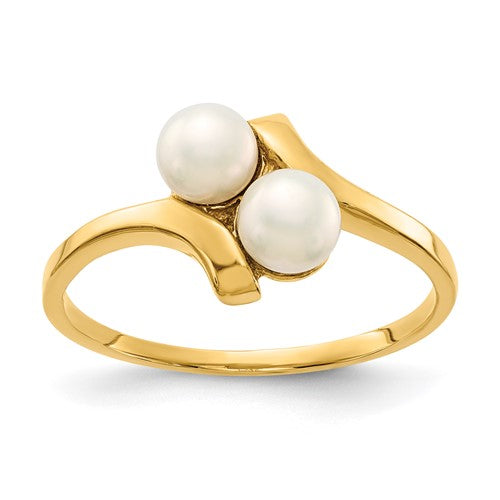 14K white gold ring featuring two 4-5mm freshwater cultured pearls, elegant jewelry piece with a button design.