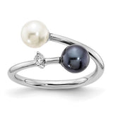 14K white gold ring featuring 5-6mm round black and white saltwater Akoya pearls, adjustable jewelry ring from Solomon Jewelers.