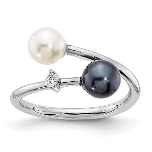 14K white gold ring featuring 5-6mm round black and white saltwater Akoya pearls, adjustable jewelry ring from Solomon Jewelers.