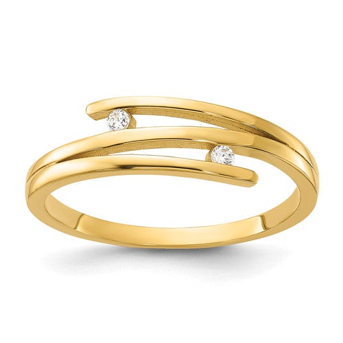 14K polished cubic zirconia fashion ring with a shiny gold finish, elegant jewelry accessory from Solomon Jewelers.