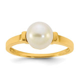 14k polished white freshwater pearl ring with 7-8mm button-shaped pearls, featuring a smooth, shiny finish.