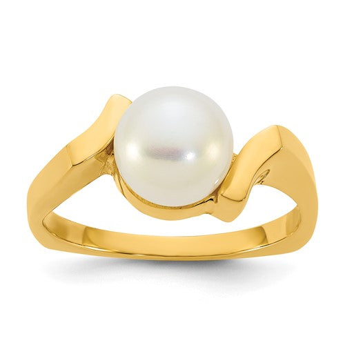 14k polished white freshwater pearl square ring featuring 7-8mm button pearls, crafted by Solomon Jewelers.