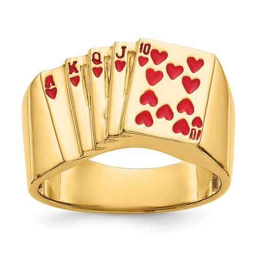 14k gold enameled royal flush in hearts men's ring featuring detailed heart and card design, crafted by Solomon Jewelers.