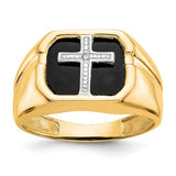 14k gold men's cross ring with AA diamonds, featuring intricate design and sparkling gemstone accents.