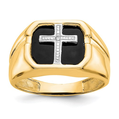 14k gold men's cross ring with AA diamonds, featuring intricate design and sparkling gemstone accents.