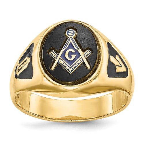 14k men's polished and textured Masonic ring with black enamel and onyx, featuring detailed craftsmanship and bold design.