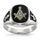 Men's 14kw polished and textured Masonic ring with black enamel and onyx, featuring detailed design and craftsmanship.