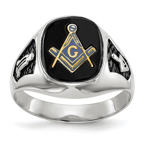 Men's 14kw polished and textured Masonic ring with black enamel and onyx, featuring detailed design and craftsmanship.