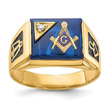 14k men's textured Masonic ring with black enamel and blue spinel accents, crafted by Solomon Jewelers.