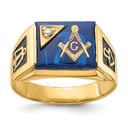 14k men's textured Masonic ring with black enamel and blue spinel accents, crafted by Solomon Jewelers.