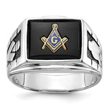 14k white gold men's Masonic ring with polished and textured finish featuring black enamel onyx design.