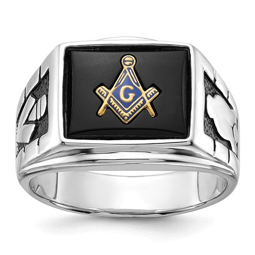 14k white gold men's Masonic ring with polished and textured finish featuring black enamel onyx design.