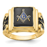 14k men's polished and textured Masonic ring with black enamel and onyx, showcasing detailed craftsmanship in jewelry ring.