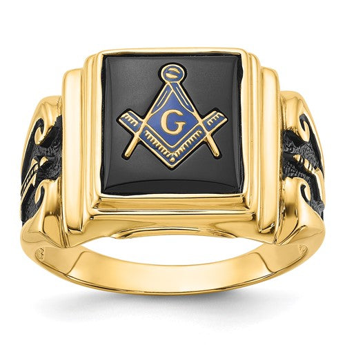 14k men's polished and textured Masonic ring with black enamel and onyx, showcasing detailed craftsmanship in jewelry ring.