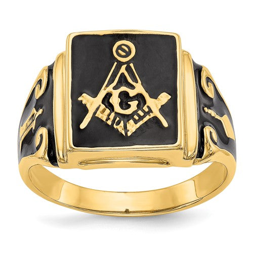 14k men's polished and textured Masonic ring with no enamel, featuring detailed craftsmanship, from Solomon Jewelers.