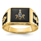 14k men's textured Masonic ring with black enamel and onyx, featuring intricate details in Solomon Jewelers jewelry collection.